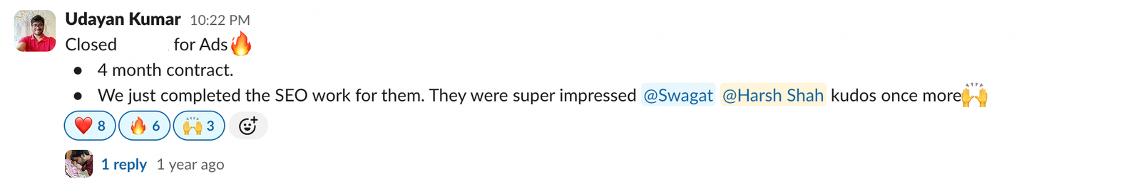 Slack message about an SEO-to-Ads cross-sell win.