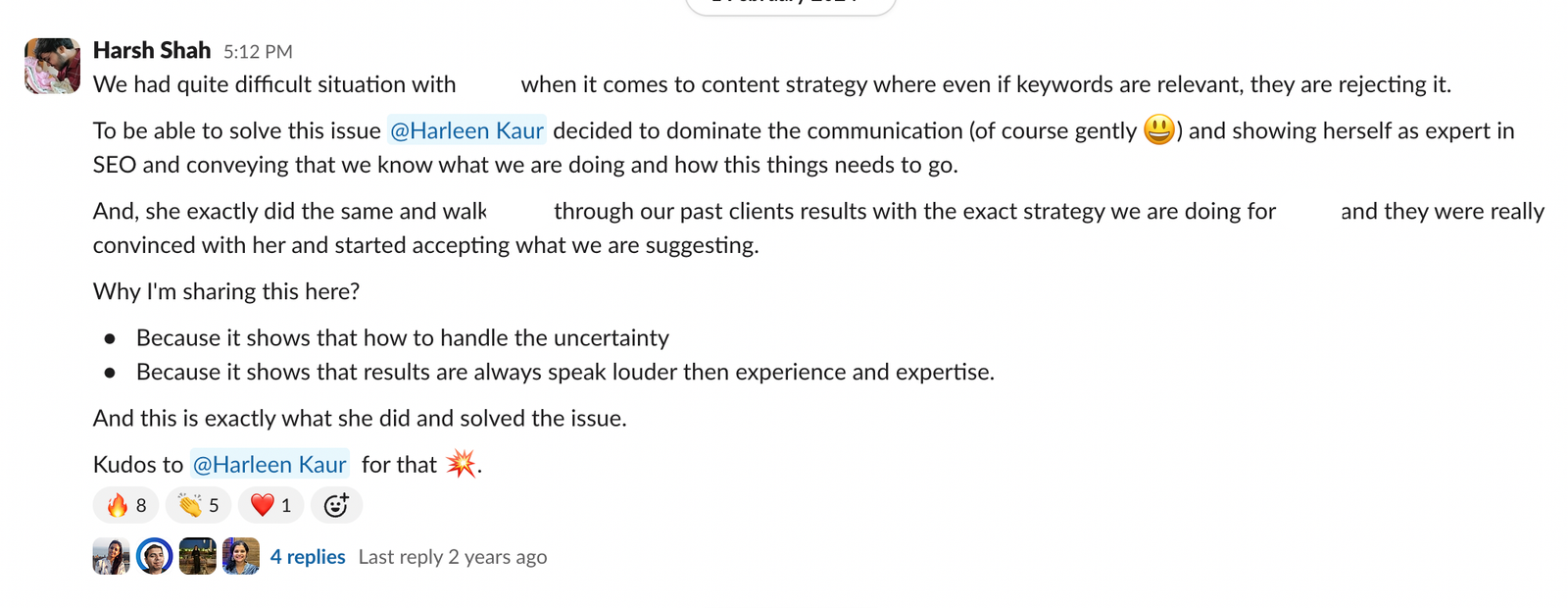Slack message about handling a difficult client situation.