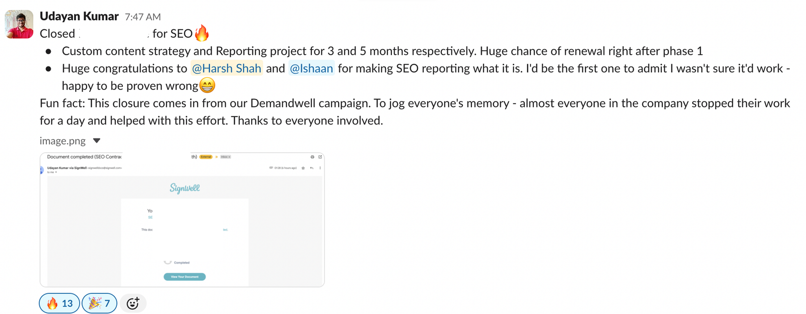 Slack testimonial about a closed SEO project.